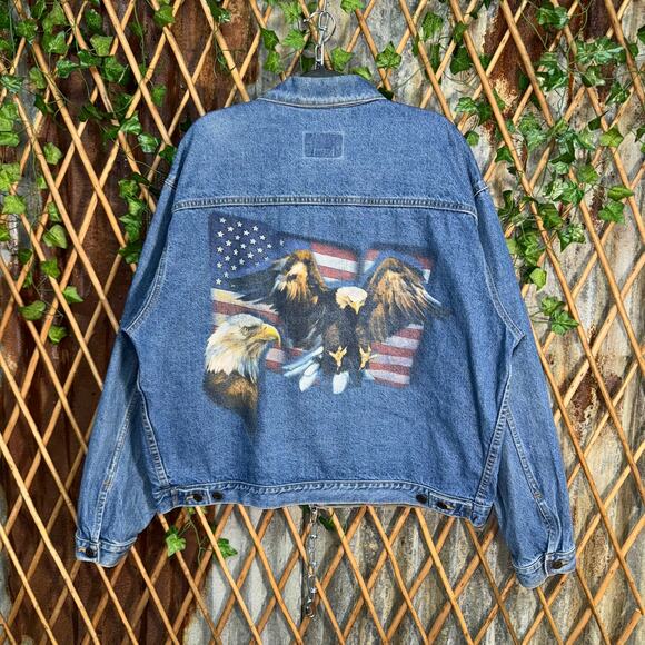 Vintage Y2K denim trucker jacket 1990s flag eagle 90s jacket - Picture 1 of 4